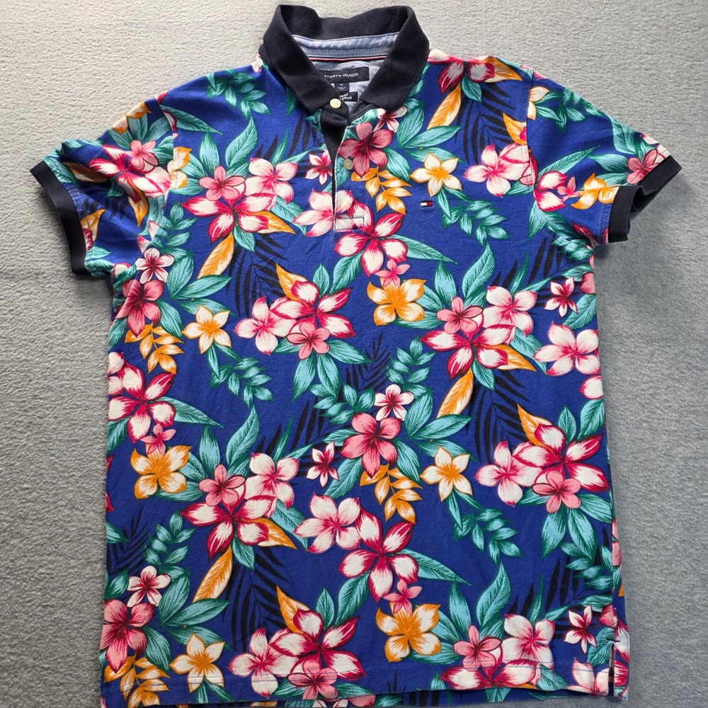 Tommy Hilfiger Mens Slim Fit Floral Tropical Polo Shirt Blue Medium M Hawaiian